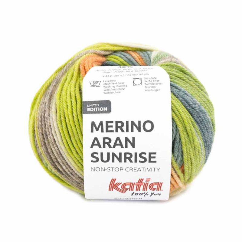 Merino Aran Sunrise Farbe 301 grünblau-orange-pistaziengrün